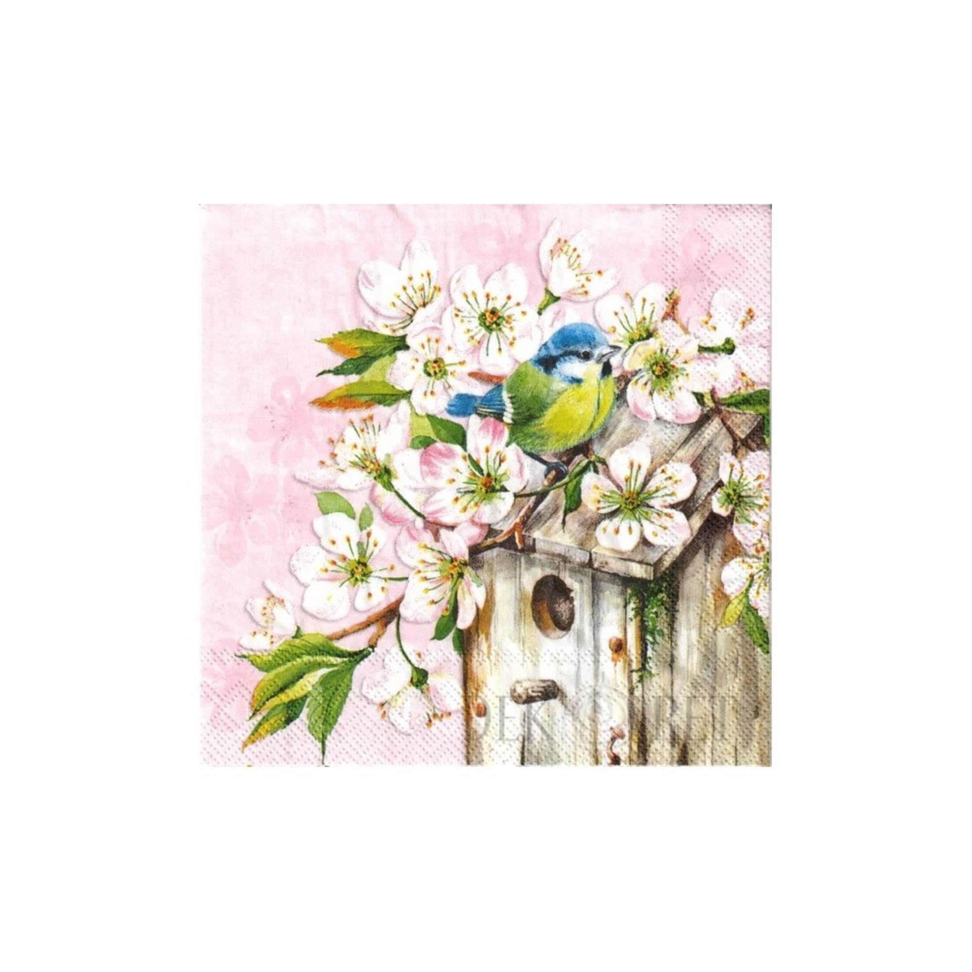 Set of 2 Individual Decoupage Paper Party Napkin Birdhouse Bird Blossoms Watercolor Decor Luncheon Napkins for a Birthday Holiday, Wedding, Cocktail Party