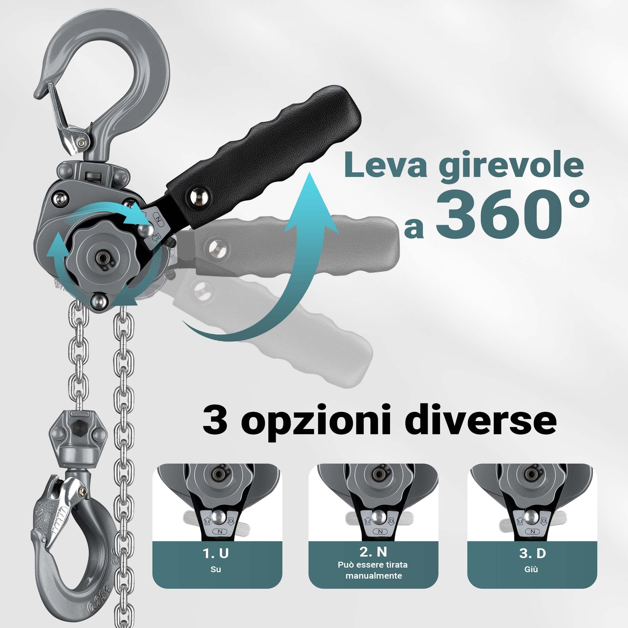 Wiltec Mini paranco a catena manuale VM0.5 fino a 500 kg, altezza di sollevamento di 1,5 m, in alluminio, per il sollevamento di carichi pesanti