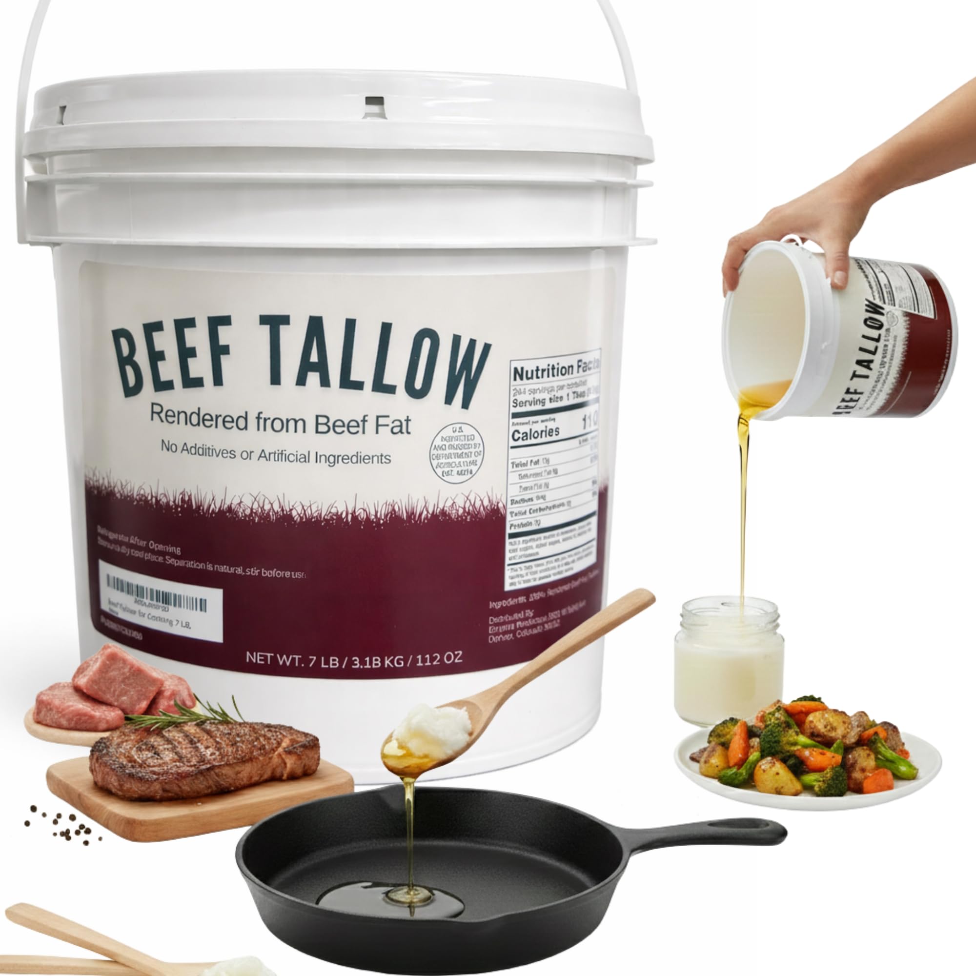 Beef Tallow for Cooking 7 LB Bulk Pail w/Safety Seal No Additives or Preservatives