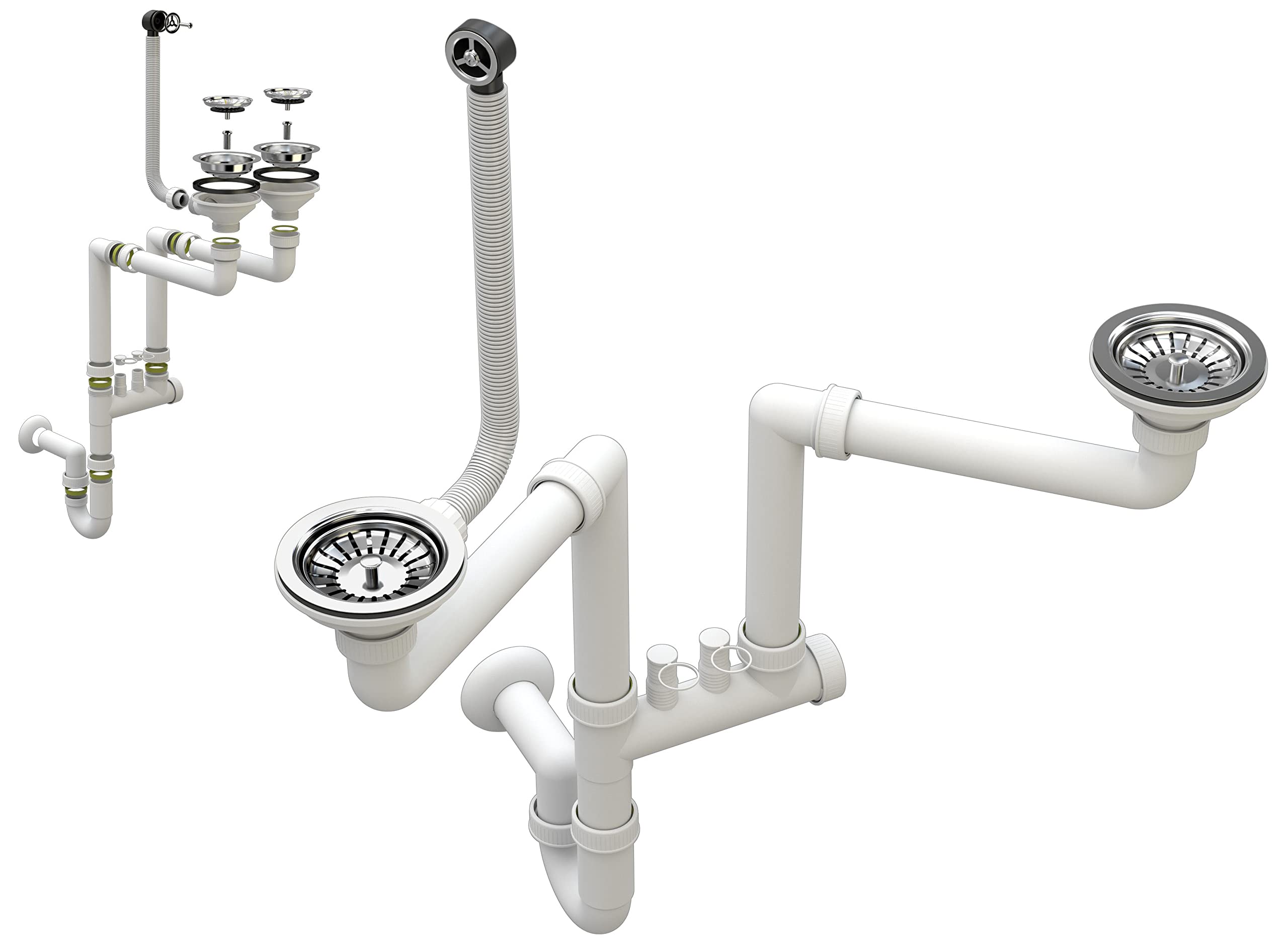 Scarico Lavandino Cucina - Sifone Lavandino - Sifone Lavello Cucina con Attacco per Lavastoviglie - Scarichi 115 mm (3 1/2) - Scarico per 2 vasche - Bianco/Cromo - Classico - Granitan | Set con attacco per lavastoviglie, ø 115 mm, scarico per 2 vasche, cr