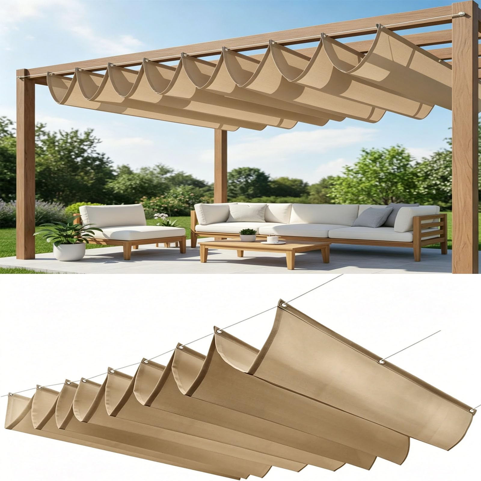 Einziehbares Welle Sonnensegel 300 x 350 cm Nach Maß Pergola Markise Verstellbar Schattenabdeckung 95% Uv-Schutz & Reißfest Einziehbares Sonnensegel für Outdoor Balkon, Khaki