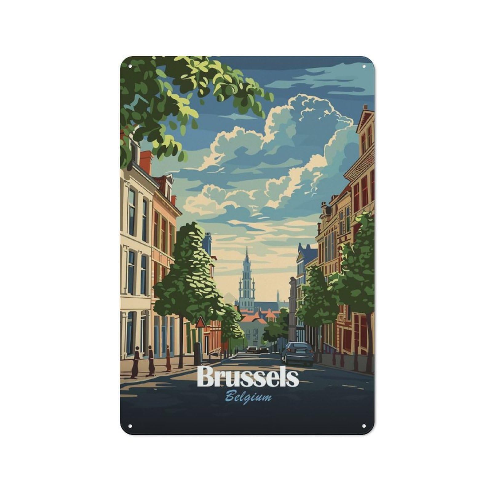 Brussels, Belgium Cityscape Illustration Decorative Tin Sign 30x20cm, Distressed Look Vintage Wall Decor for Lounge, Study, Pub Or Wall Gallery