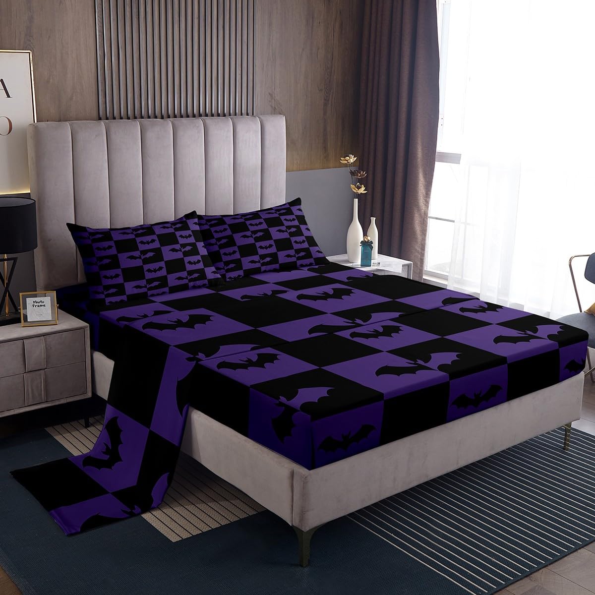 Castle Fairy Happy Halloween Sheet Queen Size Bats Animal Silhouette Bedding Set Black Purple Checkered Kids Teens Adults Wild Bat Animal Fashion Bed Sheet Set 4pcs(Fitted + Flat + 2 Pillowcases)