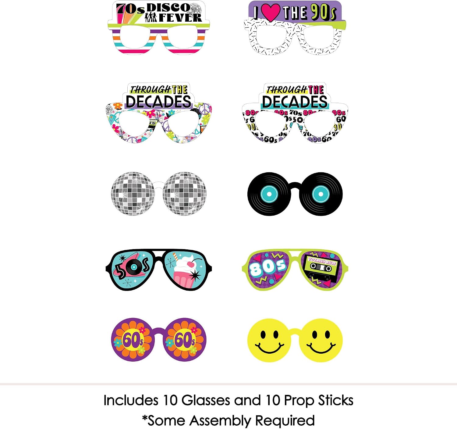 Big Dot of Happiness Through The Decades Glasses - Paper Card Stock 50s, 60s, 70s, 80s, and 90s Party Photo Booth Props Kit - 10 Count