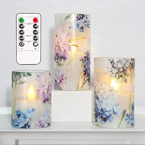 GORGE MOMENT Velas sin llama parpadeantes con control remoto, hortensias azules y violetas, decoración de cristal decorativa para boda, cita,