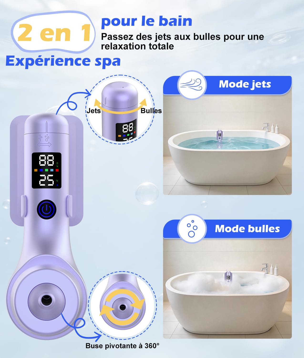 PAHTTO Jet spa pour baignoire, accessoire portable pour baignoire avec 5 vitesses réglables, mode jet de bain/bulle pour un spa à domicile et une détente optimale (violet)