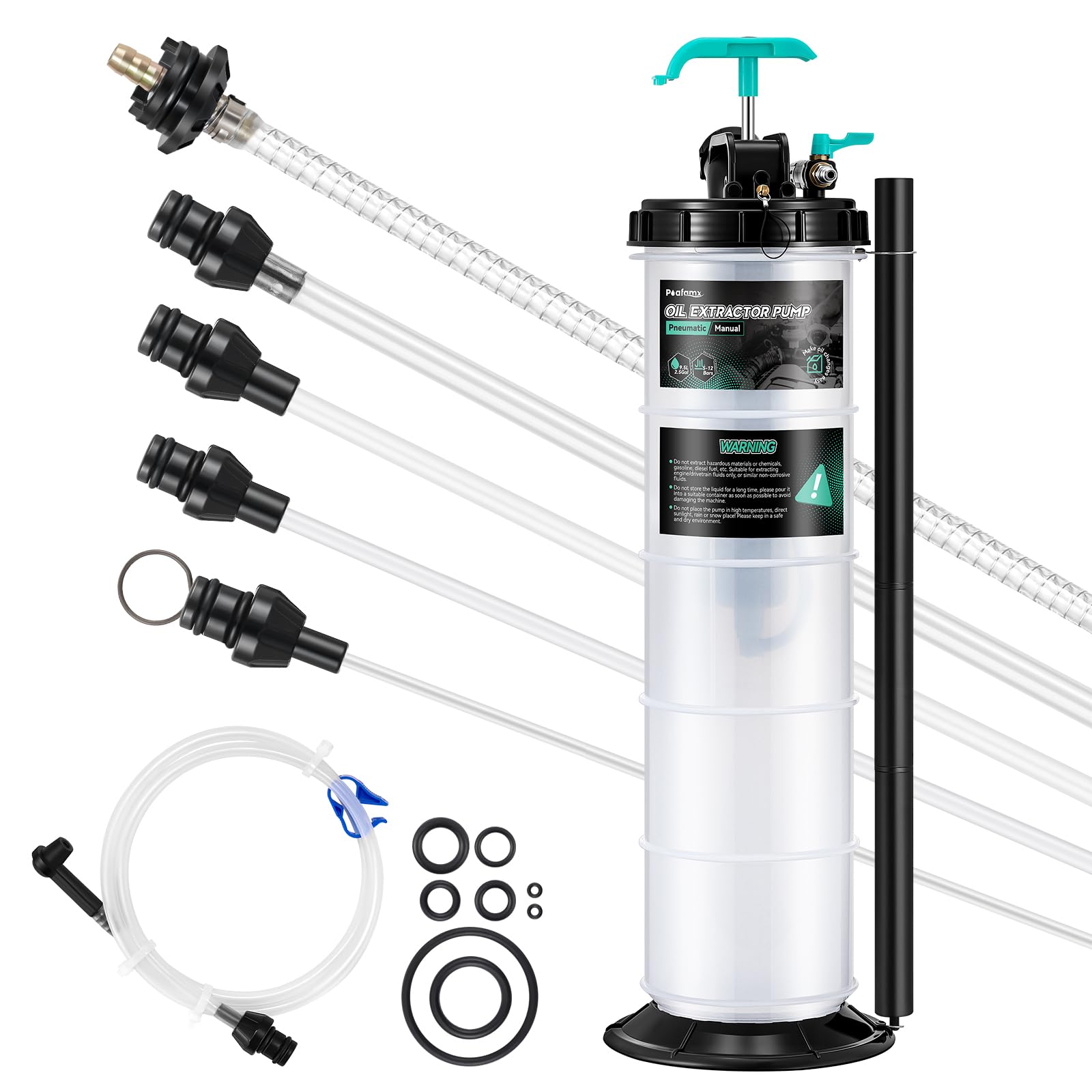 Poafamx Bomba extractora de Aceite de 9.5 L neumática/Manual, Bomba extractora de líquido de 2.5 galones, Bomba de Cambio de vacío de Aceite con 5 Tubos y Unidades de Almacenamiento extendidas para