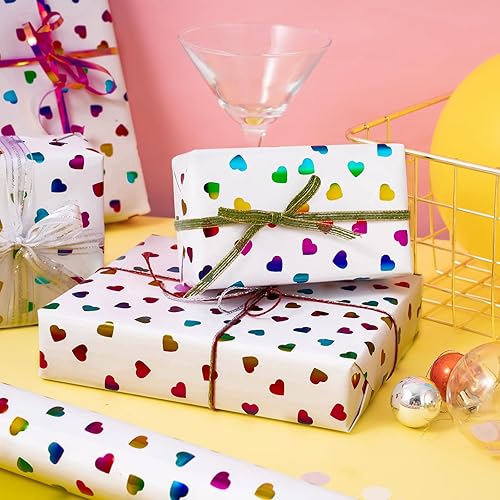 Miniatura 8 de LeZakaa Rollo de papel de regalo de San Valentín, diseño colorido holográfico impreso de corazones para cumpleaños, aniversario, baby shower,