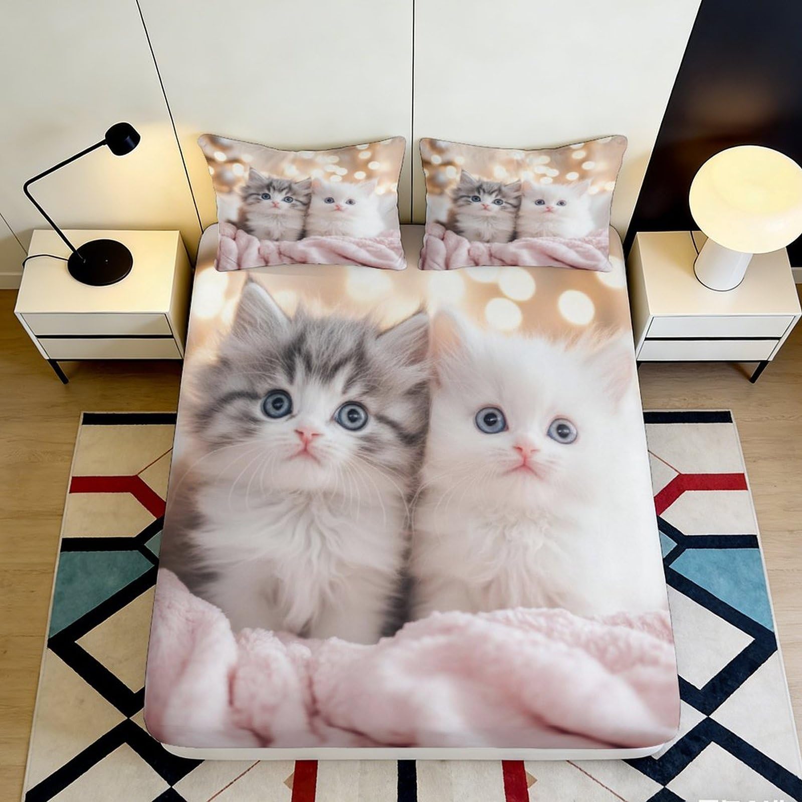 3D Printed Cute Kittens Fitted Sheet Microfiber Soft Breathable Adorable Cats Bed Cover for Bedroom Dormitory Guest Room Mattress Protection Decor 90x200x25cm