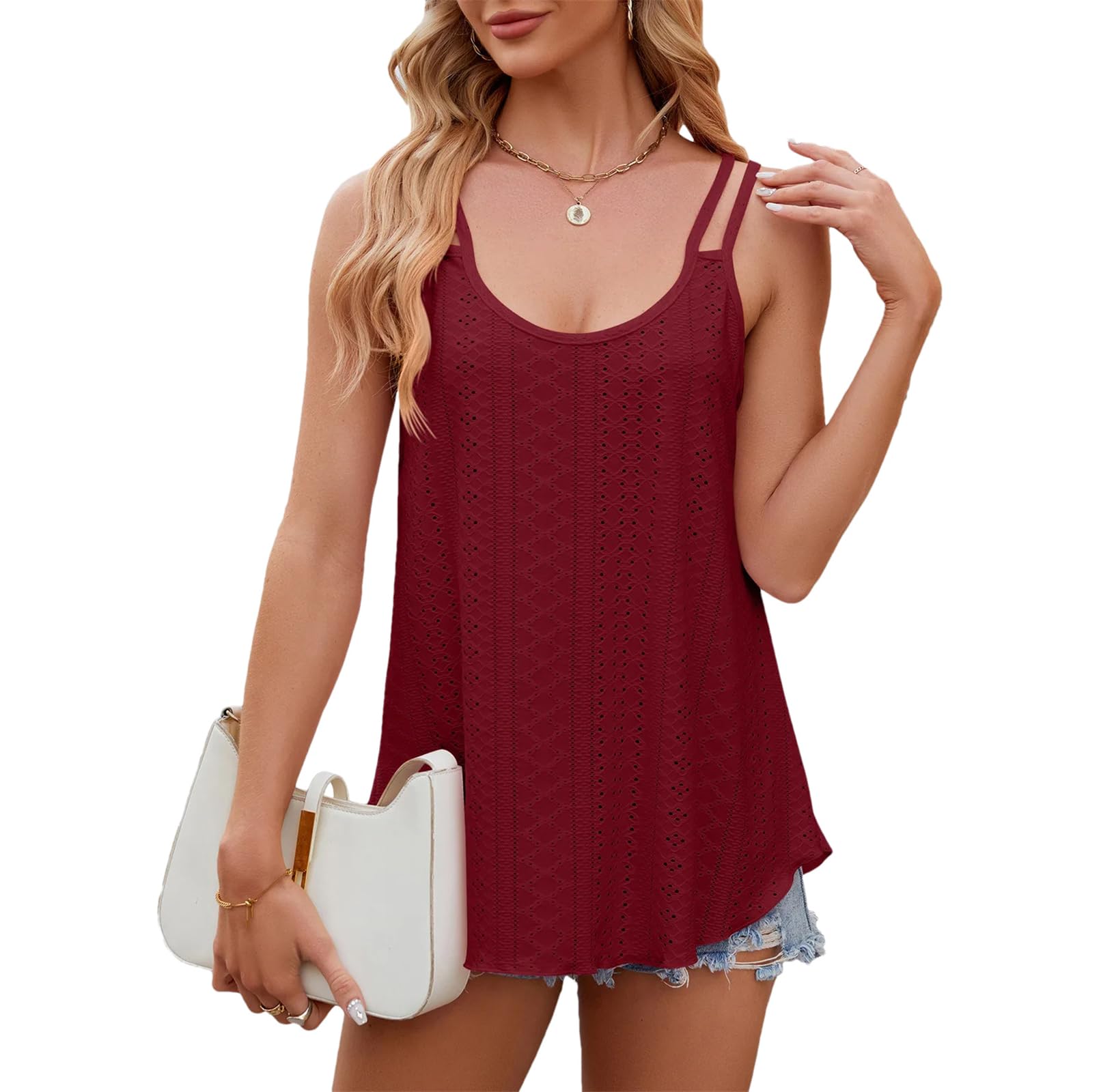 Womens Sleeveless Shirts Loose Fit Tank Tops Casual T Shirts Summer Ladies Crew Neck Tunic Tops Claret M