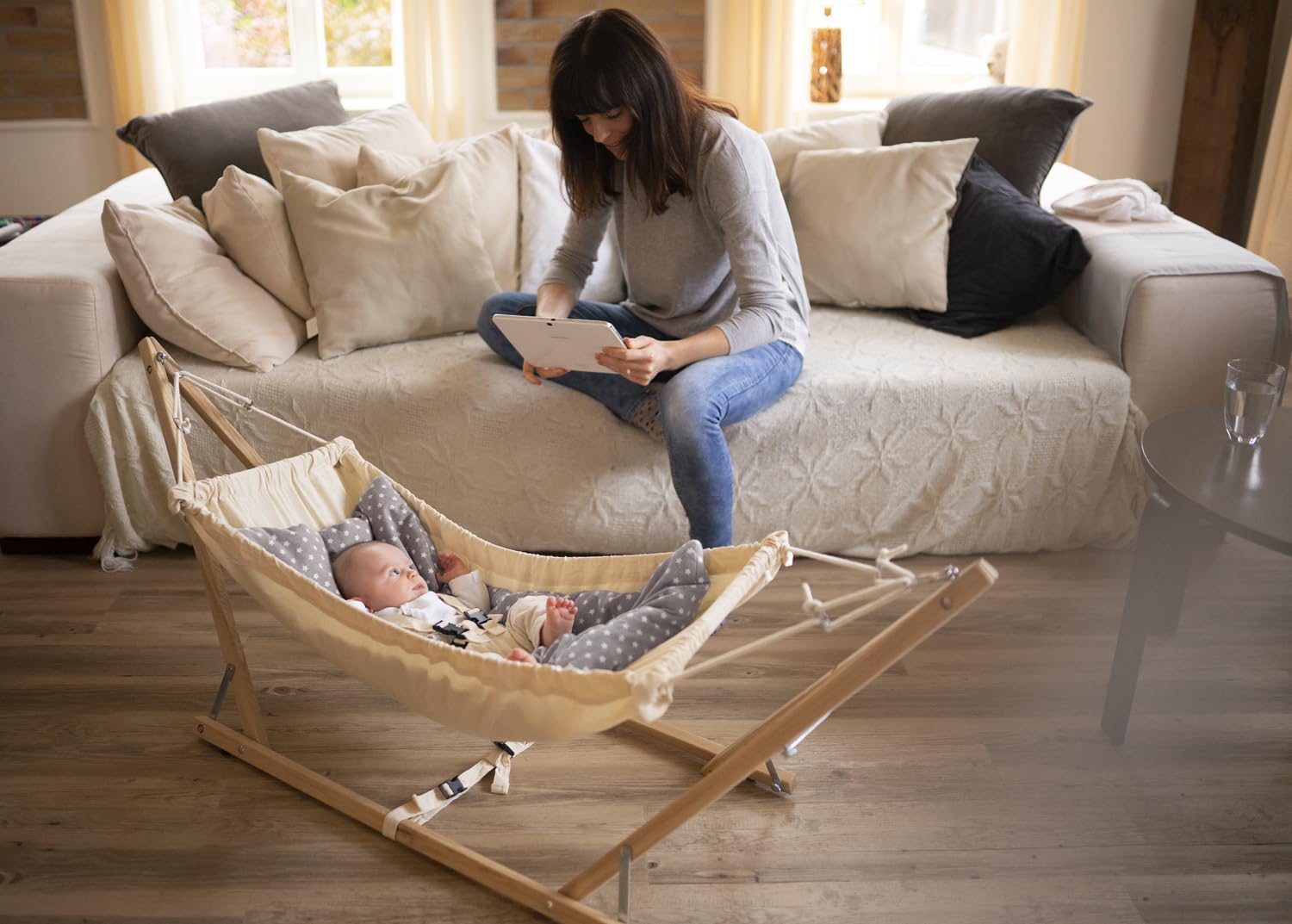AMAZONAS Koala Babyhängematte Royal-Set 2-in-1 mit Holzgestell & Inlay TÜV-geprüft, 0-9 Monaten, aus Baumwolle