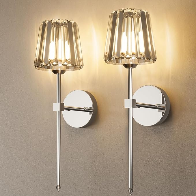 Crystal Battery Operated Wall Sconces Set of 2, Black Rechargeable Wireless Wall Sconce Lights with Crystal Lampshade, 12 RGB and 3CCT Dimmable Wall Lamps with Remote for Bedroom Living Room Hallway