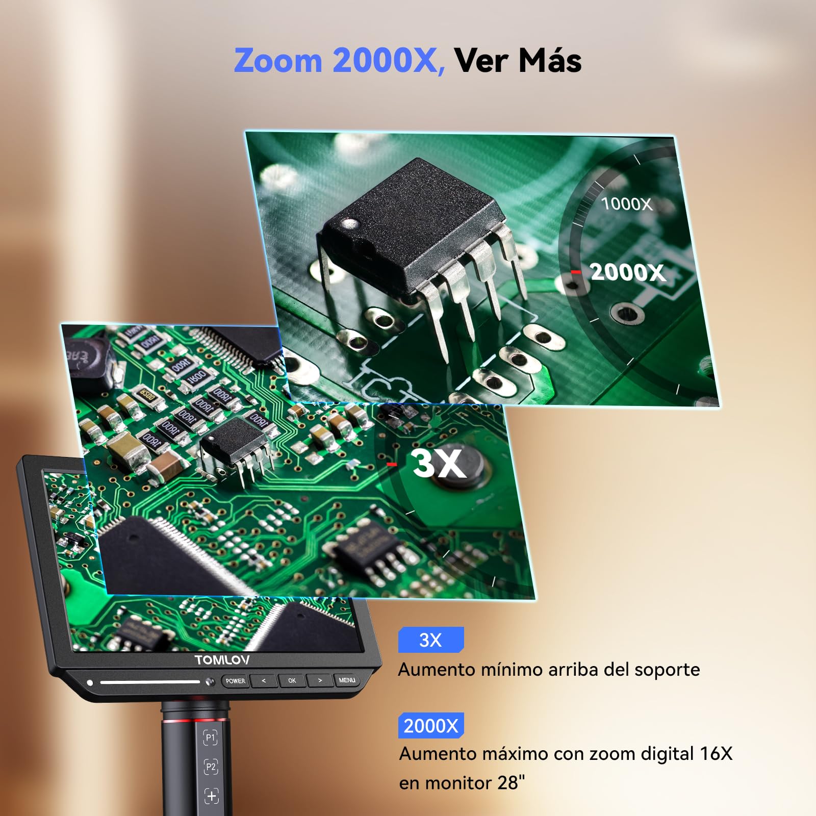TOMLOV TM4K-AF Flex 4K 8" Microscopio Digital con Autofoco, 52MP HDMI Magnificación Profesional 2000X para Monedas, Brazo Flexible, Alfombrilla de Soldadura, Luces Laterales, Compatible PC/TV, 64GB