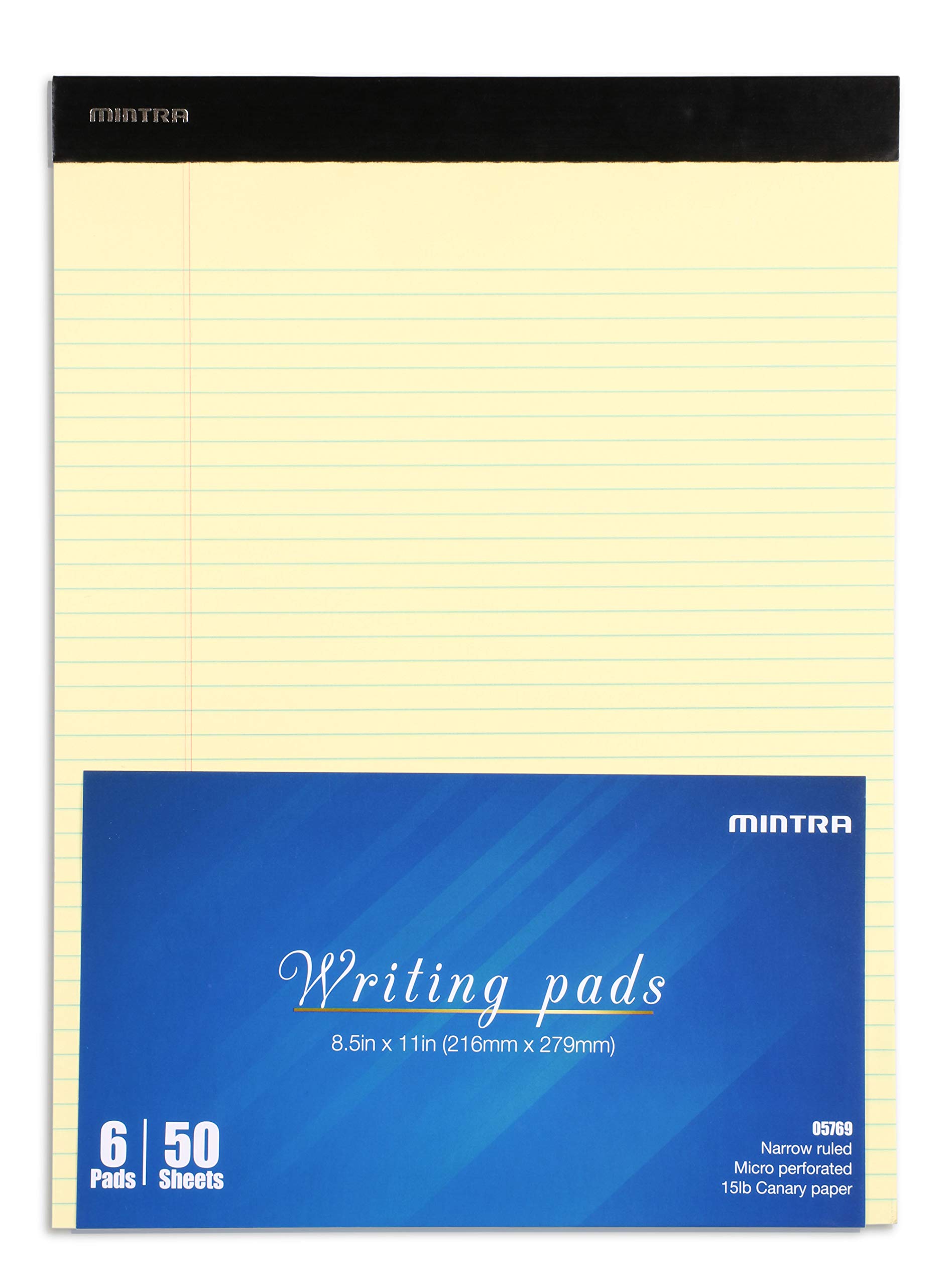 Mintra - Bloc-notes da ufficio, 50 fogli per blocco, carta micro perforata, per scuola, università, ufficio, lavoro, professionale 8.5in x 11in (Narrow Ruled) Basic 6pk (Canary)