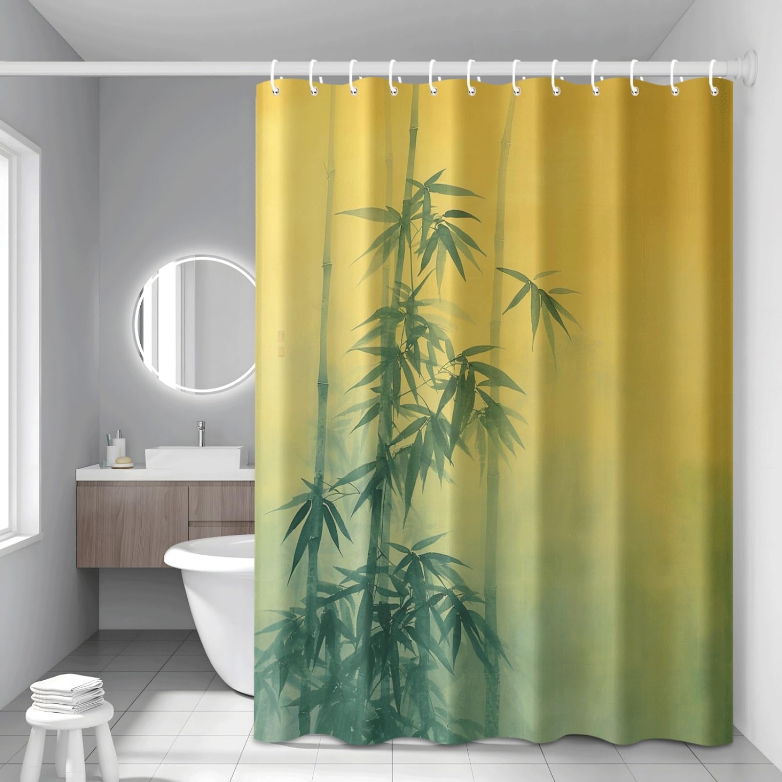 Tenda Doccia Bamboo Giallo Tenda Doccia Antimuffa Impermeabile Poliestere Lavabile con 12 Ganci Facile da Installare Tende Finestra Bagno per Dormitorio Hotel (180x220cm)