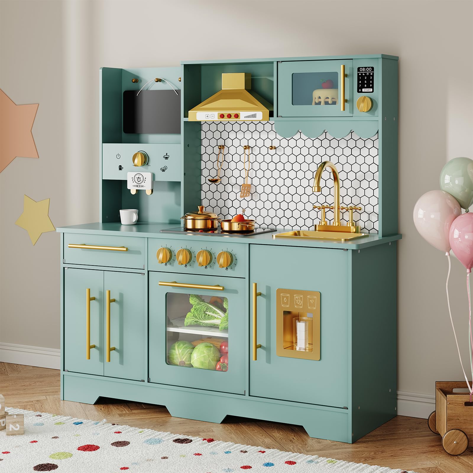 Toy Kitchen, Kids Kitchen Wooden, Large Pretend Role Play Kitchen With Realistic Oven, Microwave and Sink With Taps, Kitchen Playsets for 3 Years+, Indoor/Outdoor Kitchenette, 100x86x30 cm