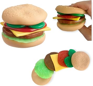 Stretchy Burger Sensory Toy Play Food 7pc Set, Stackable Stretchy Hamburger Toy with Toppings and Bun