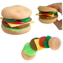 Stretchy Burger Sensory Toy Play Food 7pc Set, Stackable Stretchy Hamburger Toy with Toppings and Bun