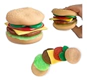 Stretchy Burger Sensory Toy Play Food 7pc Set, Stackable Stretchy Hamburger Toy with Toppings and Bun