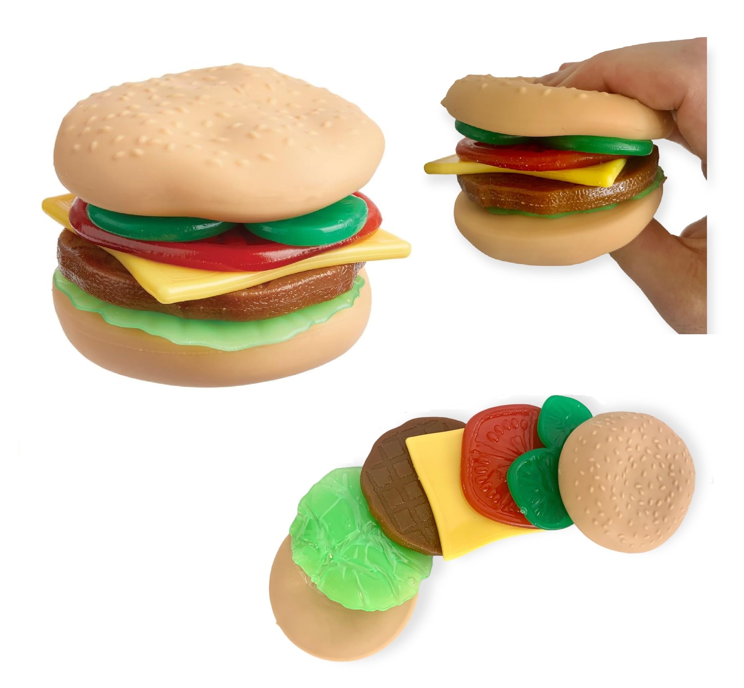 Hapros Stretchy Burger Sensory Toy Play Food 7pc Set, Stackable Stretchy Hamburger Toy with Toppings and Bun
