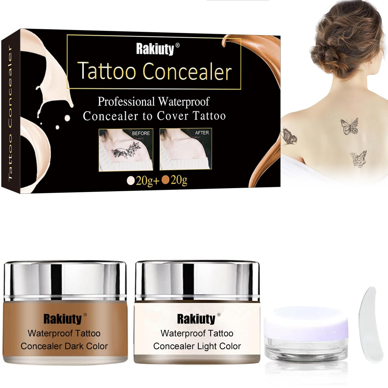 Tatuaggio Correttore,Crema Tatuaggio di Copertina,Copri Tatuaggi,Tattoo Concealer,Correttore per Coprire Tatuaggi,Copertina Make Up,Impermeabile,Coprire Tattoo Cicatrici,Macchie Scure,20g+20g