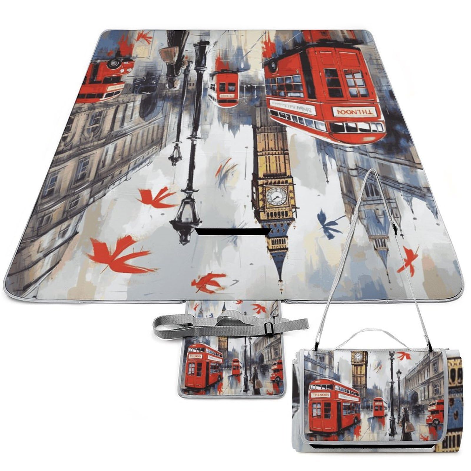 London Beach Blanket Thickened Foldable Camping Mats Soft Lightweight Beach Pad Square Picnic Blankets with Shoulder Strap for Park Grass Patio Hiking