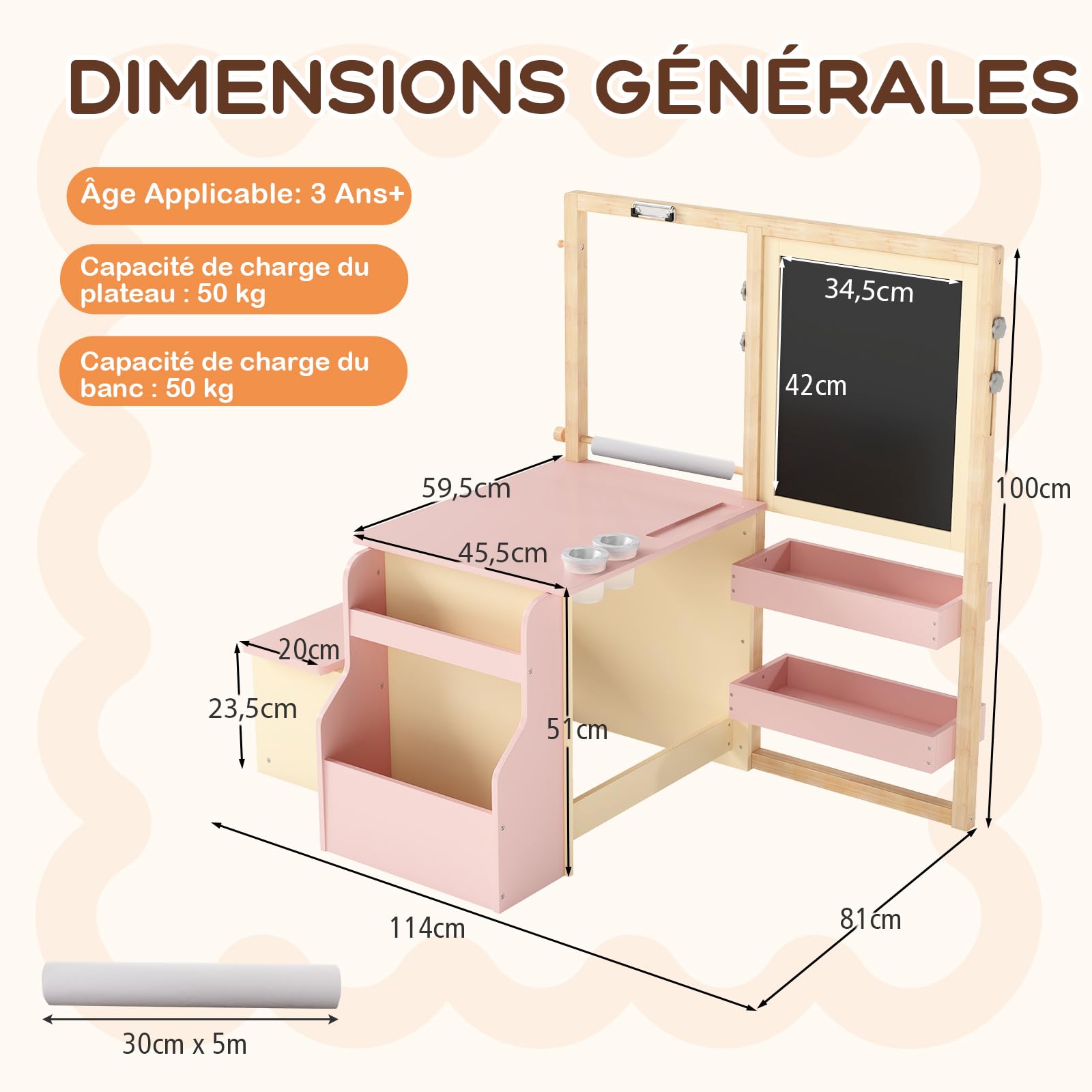 DREAMADE Table à Dessin en Bois avec Banc & Tableau Enfant 3+Ans, Bureau Enfant Double Face avec Table d’Art & Bibliothèque & Porte-Rouleau de Papier & Marqueur (Rose)
