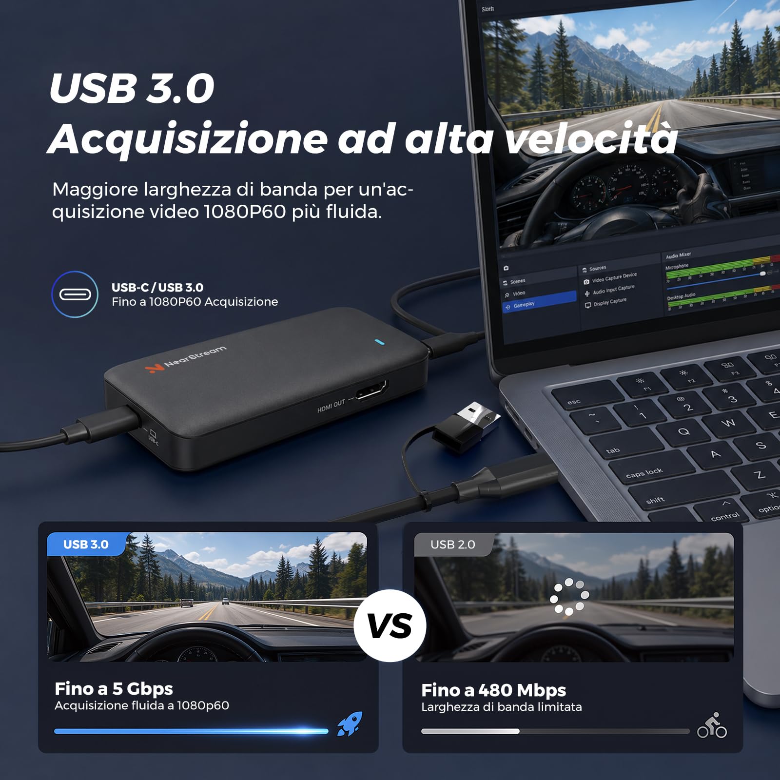 NearStream CCD10 Scheda di Acquisizione Video HDMI per Streaming, Acquisizione 1080p 60 fps e Pass-Through 4K 60 fps, HDMI 2.0, USB-C 3.0, Compatibile con PS4/PS5/Switch/Xbox/OBS/Windows/Linux/Mac