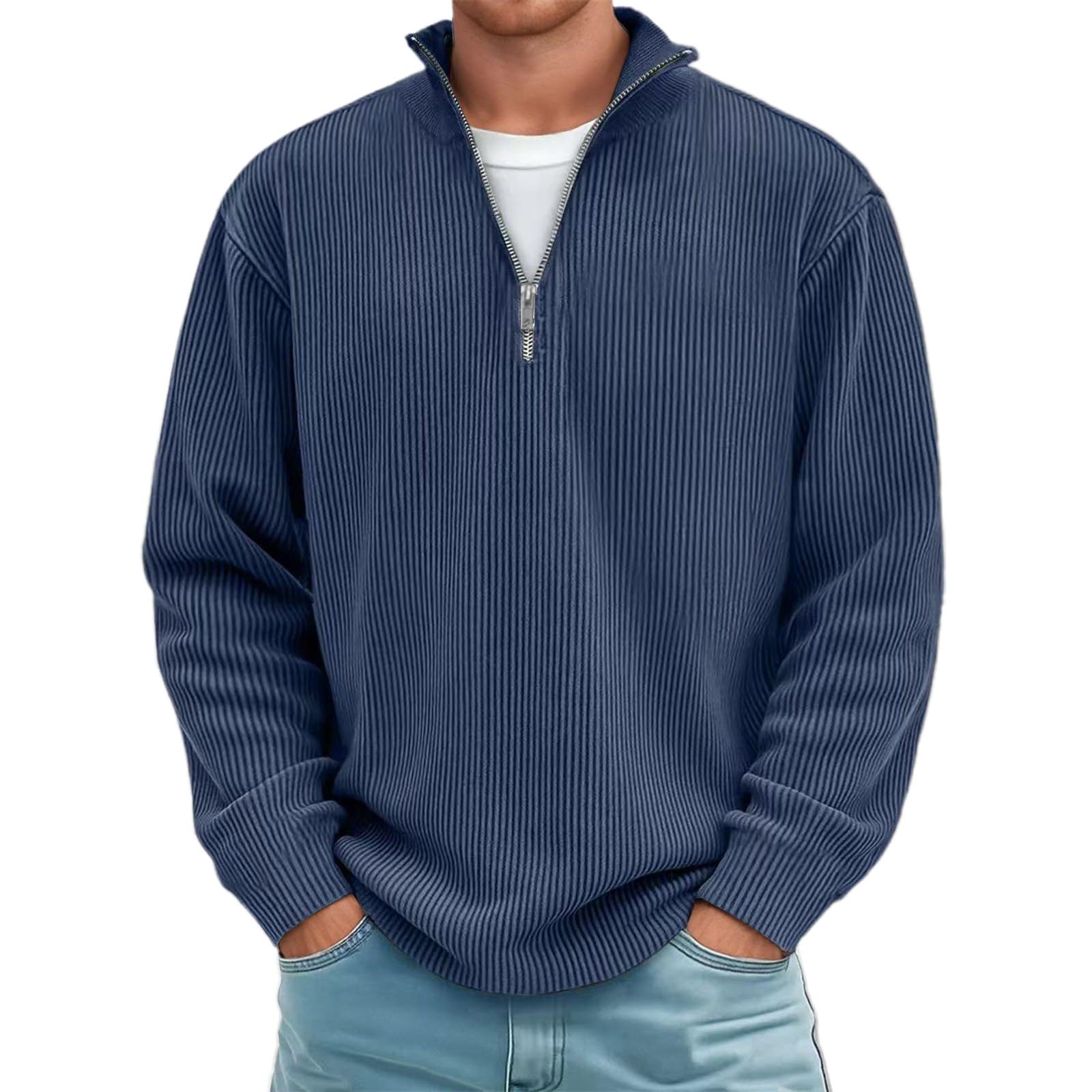 Jersey de media cremallera para hombre, de gran tamaño, de cachemira, cuello alto, punto grueso, manga larga, textura, moderno, térmico, de invierno, de entretiempo