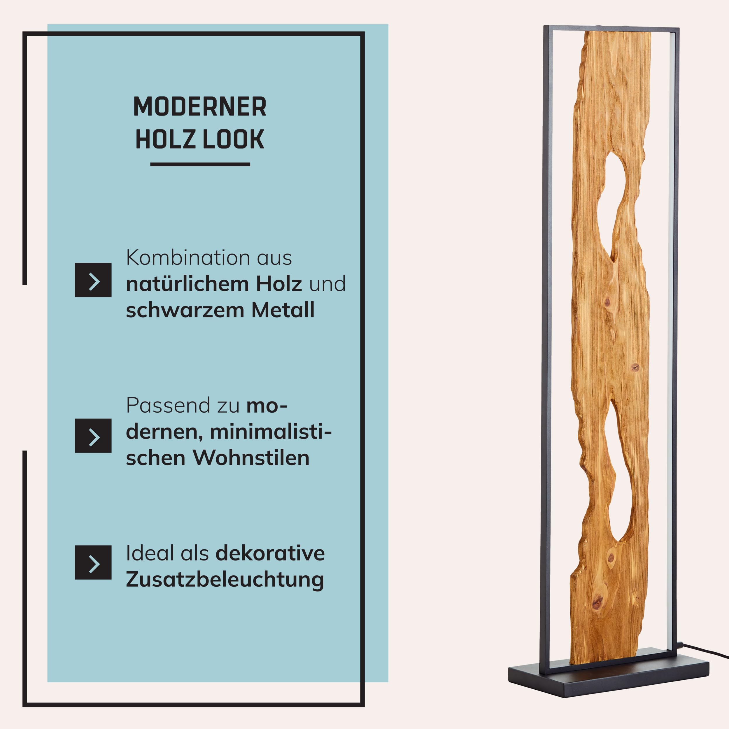 Lightbox LED Stehlampe schwarz - Stehleuchte Holz 120 cm mit Fußschalter - Standlampe Wohnzimmer warmweiß 3000K - 2300 lm inkl. LED