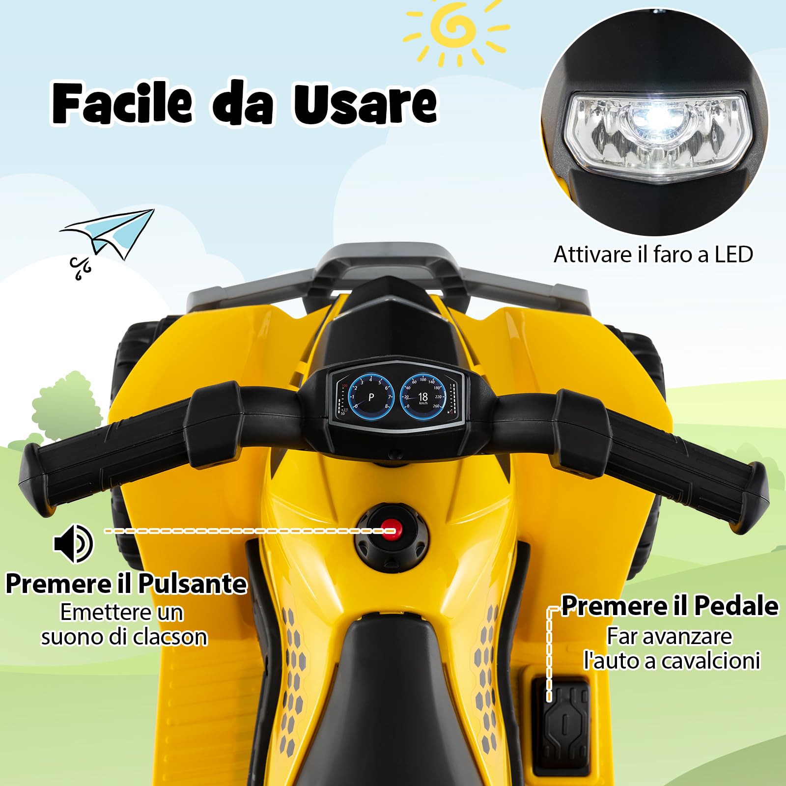 RELAX4LIFE Quad Elettrico per Bambini con Licenza CAT 6V, a 4 Ruote per Bambini Alimentato a Batteria con Fari LED, Effetto Sonoro di Avviamento, Clacson, Guida,da 18 a 36 Mesi