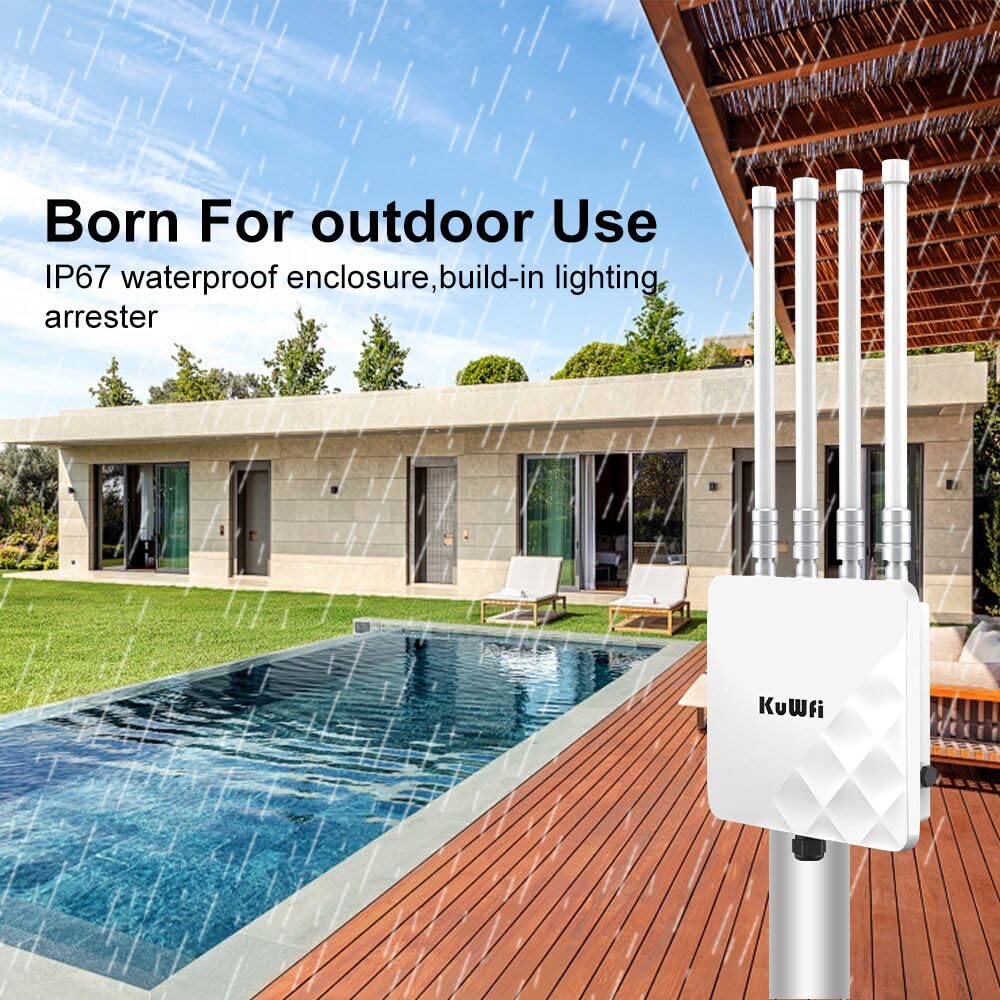 KuWFi Extensor WiFi para exteriores gestionado en la nube de largo alcance | para extensor Starlink y listo para energía solar | WiFi 6 3000 Mbps de doble banda | IP67 300-500 m rango | POE+/energía