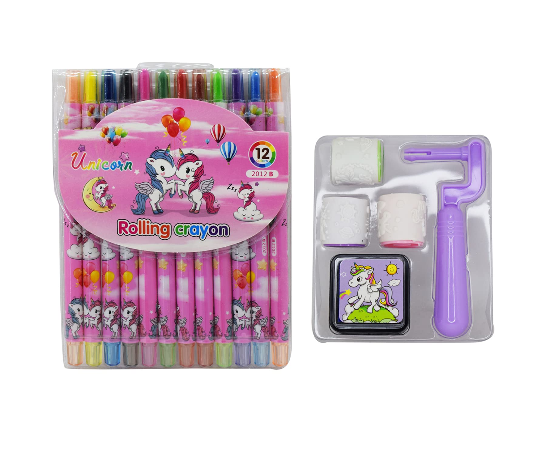 Aarvi Unicorn Theme Combo Pack with Rolling Crayons for Kids Coloring Crayons with a Pack of Unicorn Stamp for Fun Activity for Kids.