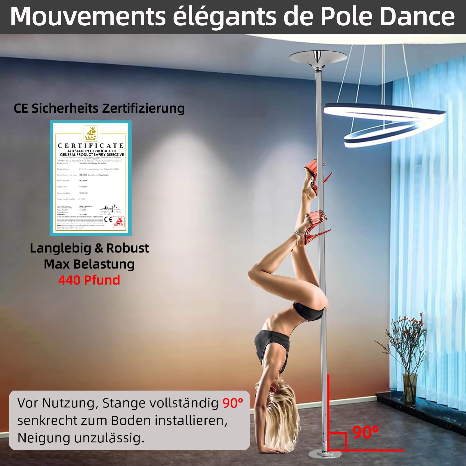 PRIOR FITNESS Pole Dance Stange 45mm,CE-Zertifiziert,Pole Dance Ausrüstung | Pole Dance Stange (2,2-2,7m), 200kg. Pole Dancing Equipment für Spin & Static. Abnehmbare Pole Stange für Home, Studio & Club