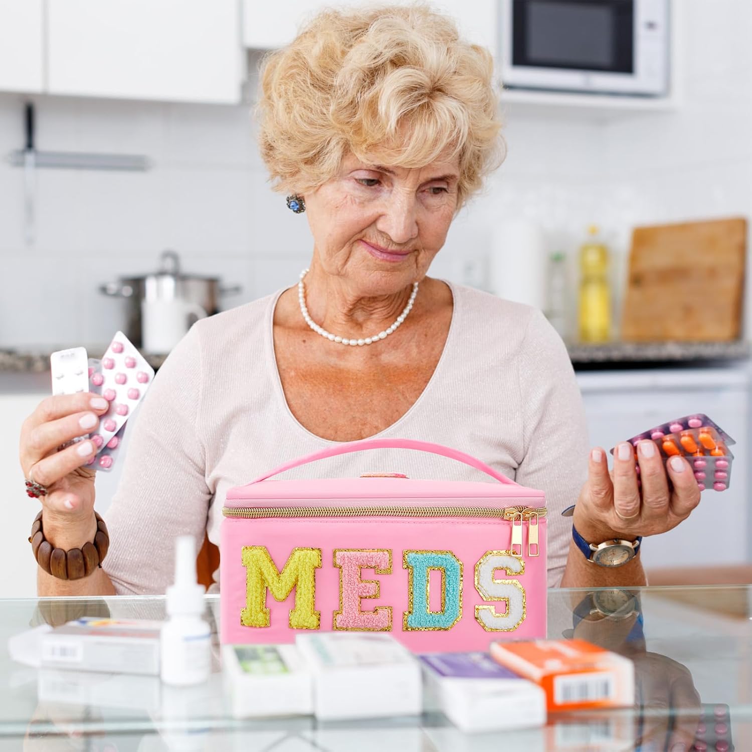 Geetery Clear Makeup Bag Chenille Letter Meds Bag Travel Cases Preppy Patch with Zipper, Portable Cosmetic Toiletry Storage case for Women(Meds,Pink) - Image 5