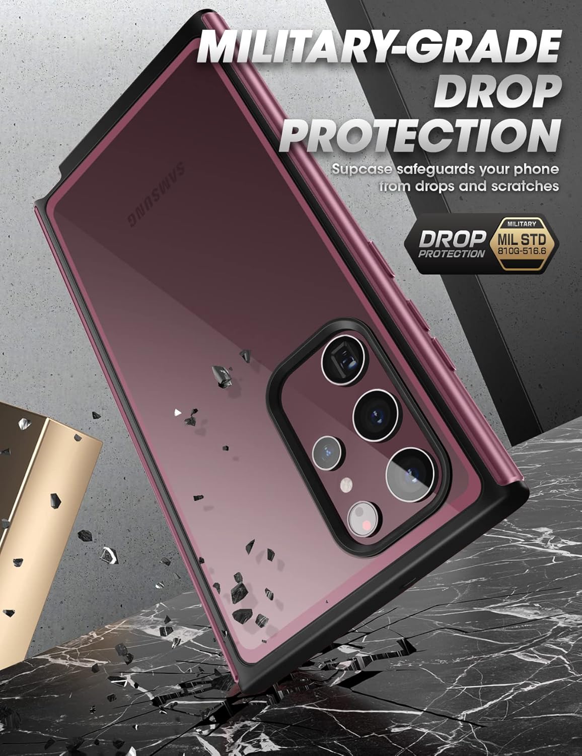SUPCASE for Samsung Galaxy S22 Ultra Case (Unicorn Beetle Edge Pro), [Built-in Screen Protector] [Military-Grade Protection] Slim Frame Clear Protective Phone Case for S22 Ultra 5G 2022, Wine