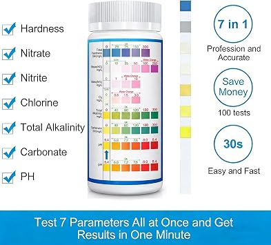 Aquarium Test Strips for Freshwater Fish: 7 in 1 Fish Tank Water Testing Kit for Aquarium Pond - Accurate Testing Nitrate Nitrite Hardness Free Chlorine pH Carbonate Total Alkalinity-100 Strips
