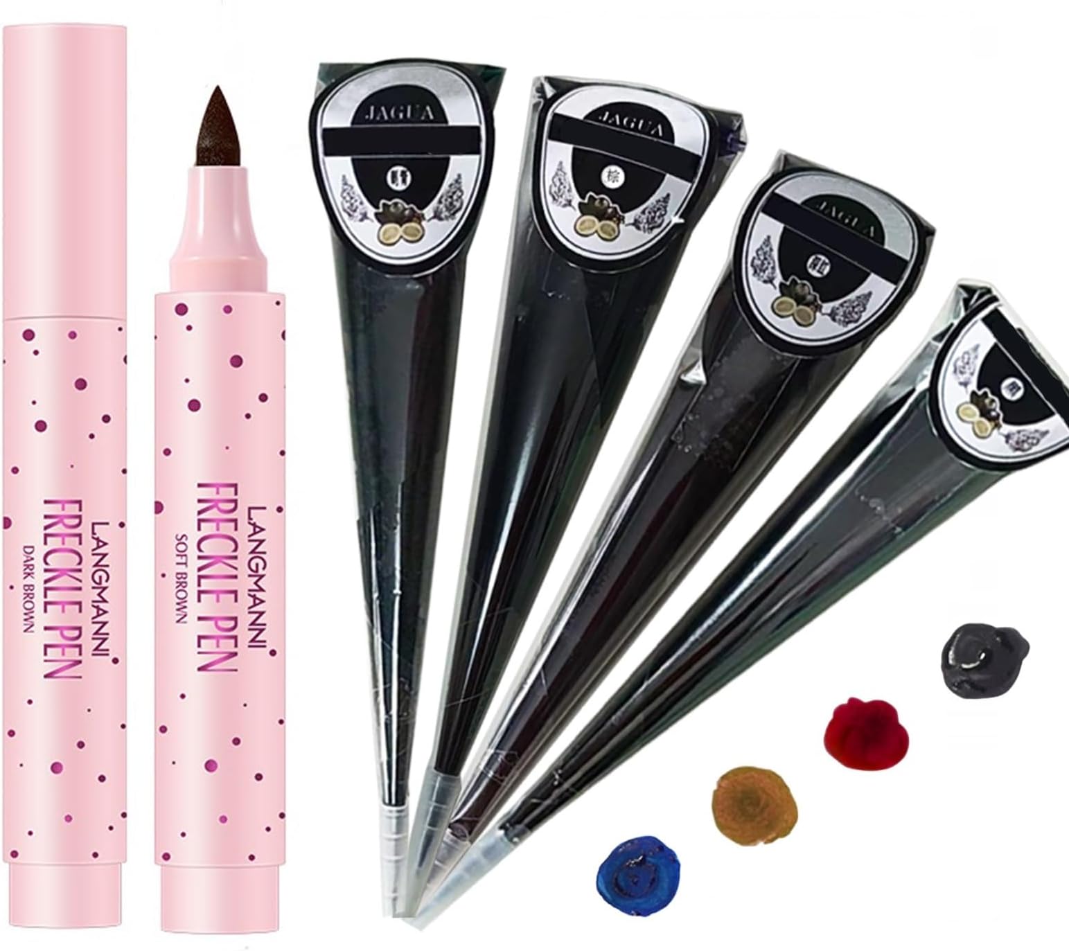 Freckle Pen and Temporary Tattoos Pencil Set, Henna Tattoos Kit- Light Brown Freckle Pen and 4Pcs Tattoo Sticks, DIY Body Art Painting for Women Men