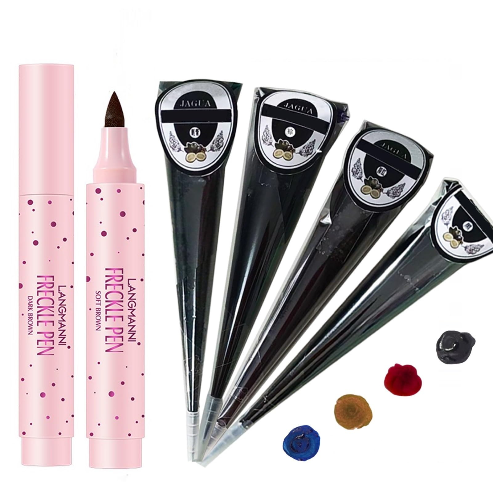 Freckle Pen and Temporary Tattoos Pencil Set, Henna Tattoos Kit- Light Brown Freckle Pen and 4Pcs Tattoo Sticks, DIY Body Art Painting for Women Men