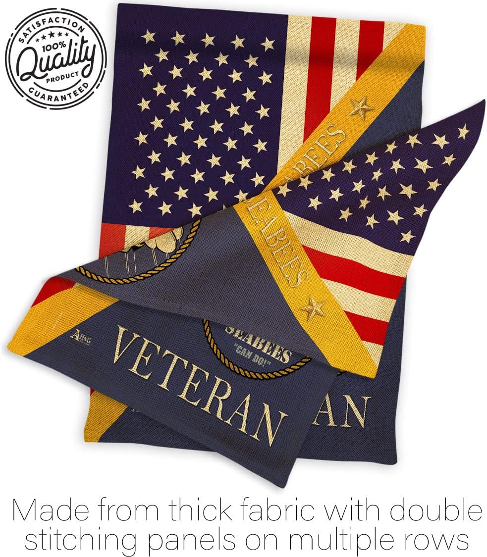 Home of Seabees Burlap Garden Flag - Set with Stand Armed Forces Navy USN Seabee United State American Military Veteran Retire Official - House Banner Cemetery Yard Rememberance Veterans Day Gifts