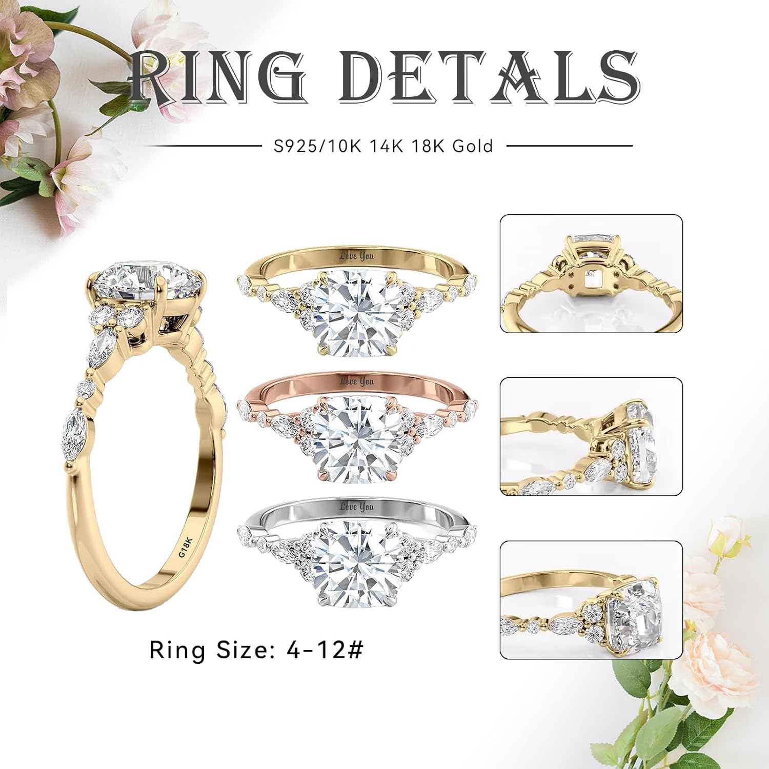 Cushion Cut Moissanite Engagement Ring for Women, 10K 14K 18K Solid Gold 1-3 Carat CT Moissanite Wedding Rings Promise Ring Anniversary Christmas Birthday Jewelry Gift for Her Size 4-12