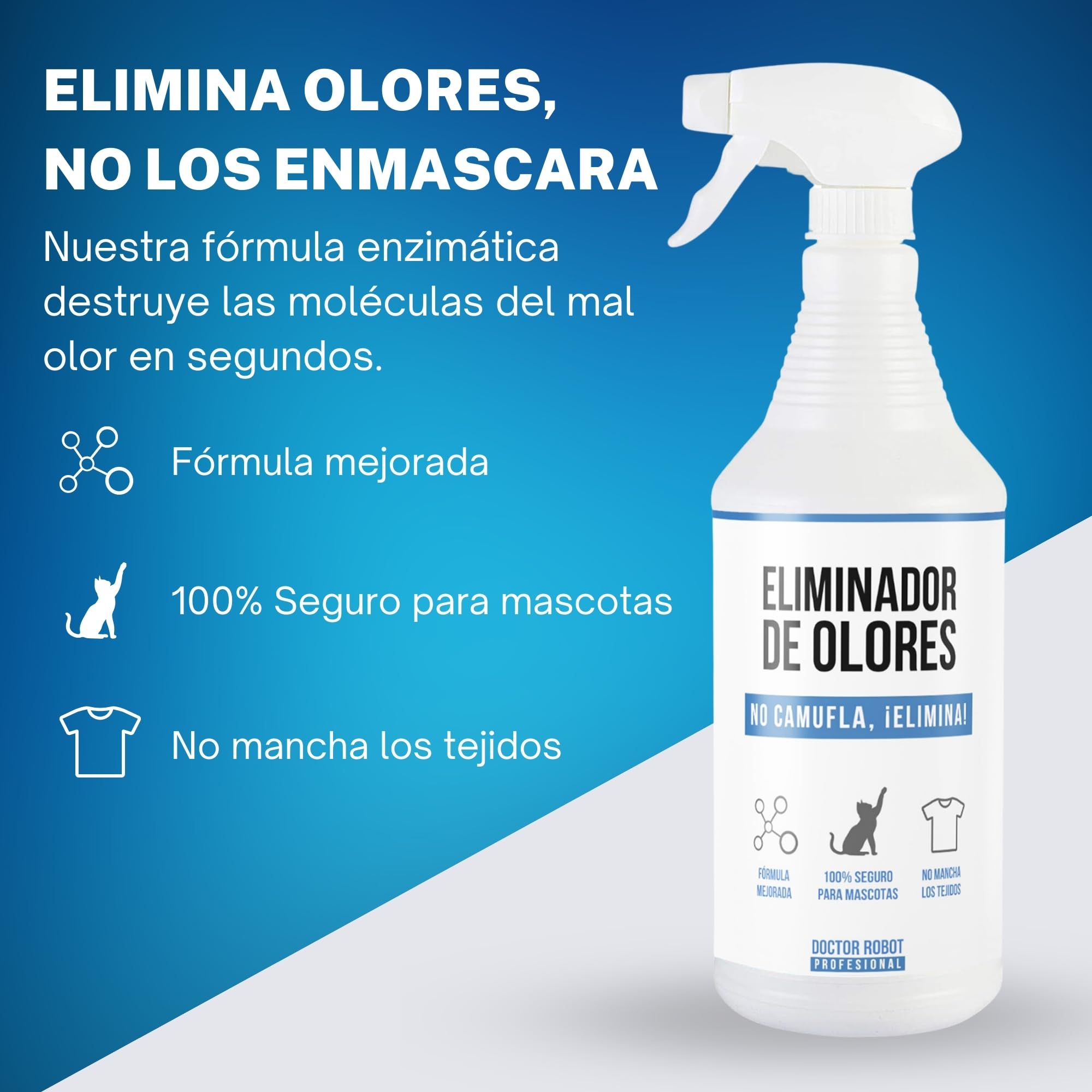 Eliminador de olores instantaneo - Anti Olor orina de Gato, Perro, Tabaco, Humedad, Basura. Seguro para Animales y Tejidos. No camufla, Elimina.