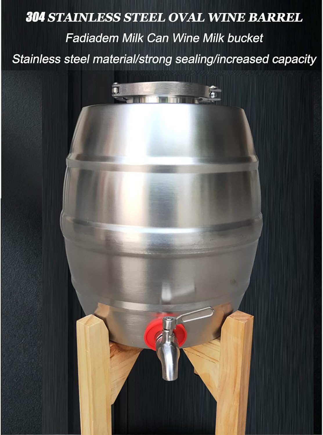 Whiskey Wine Barrel with Wooden Stand, Leakproof Keg Beer Cask Dispenser Tap, Stainless Steel Storage for Liquids Milk Oil