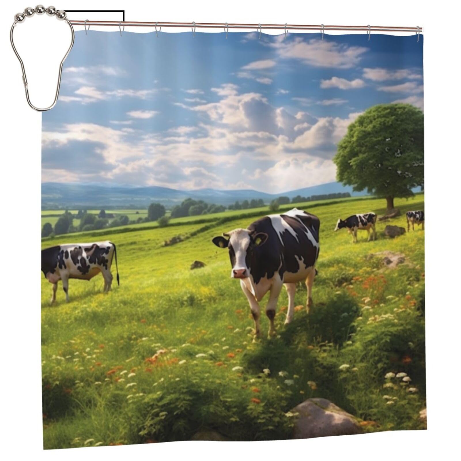 Rideau de douche vache 183x183 cm imperméable et épais avec ses 12 crochets de fixation