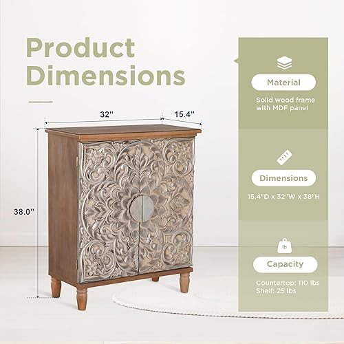 Miniatura 3 de Sophia & William Gabinete Accent con Puertas, Gabinete de Almacenamiento Decorativo Envejecido con Marco de Madera y Patrón En relieve Plateado para