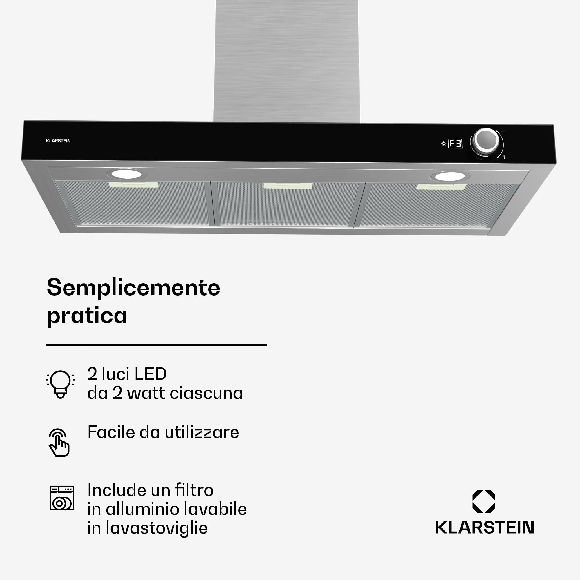 Klarstein AirNova - Cappa da Cucina da 90cm, Cappa Aspirante a Parete, 620 m³/ora, Efficienza Energetica A++, LED: 6500K, Silenziosa: 49 dB, Acciaio Inox, Ricircolo & Scarico