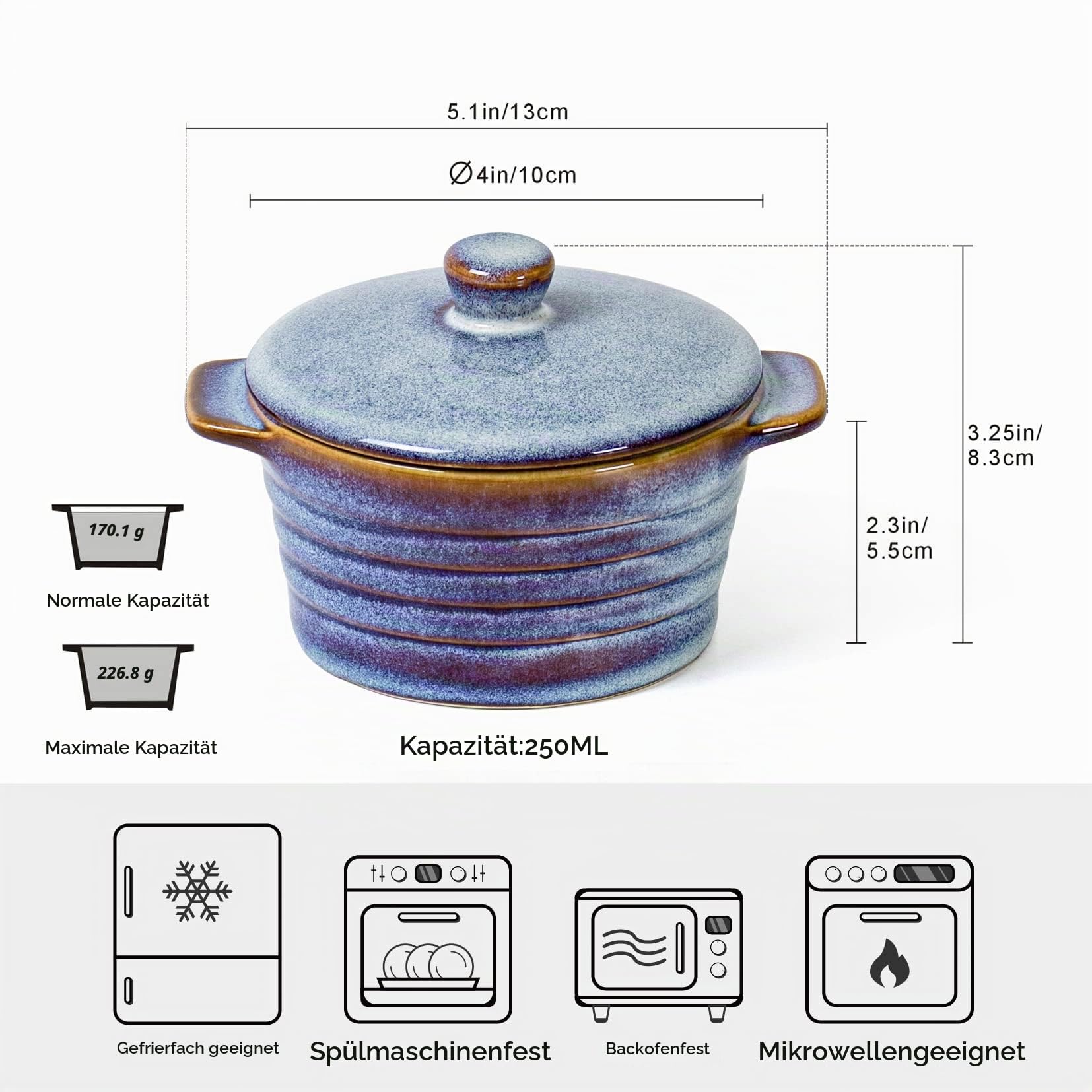 Mini Cocotte, Auflaufförmchen aus Steinzeug, 4 teilige Souffle Förmchen mit Deckel, 250 ml