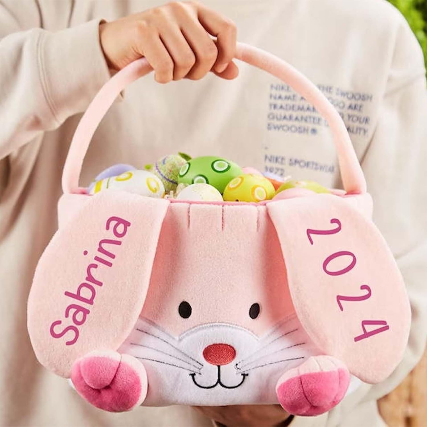 Personalized Bunny Easter Basket, Custom Embroidered Monogram Easter Bucket Plush Easter Basket Kids Easter Gift Perfect for Toys and Candy