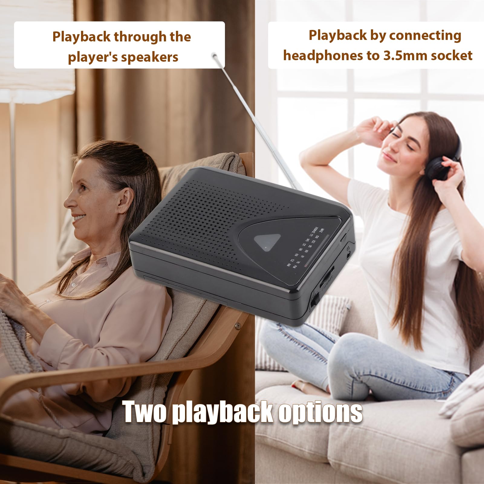 Reproductor de Casete, Reproductor de Cinta Portátil Walkman con Conector de 3,5 Mm, Batería de Soporte Y Alimentado por USB, Búsqueda Manual de Canales FM Canal FM Am