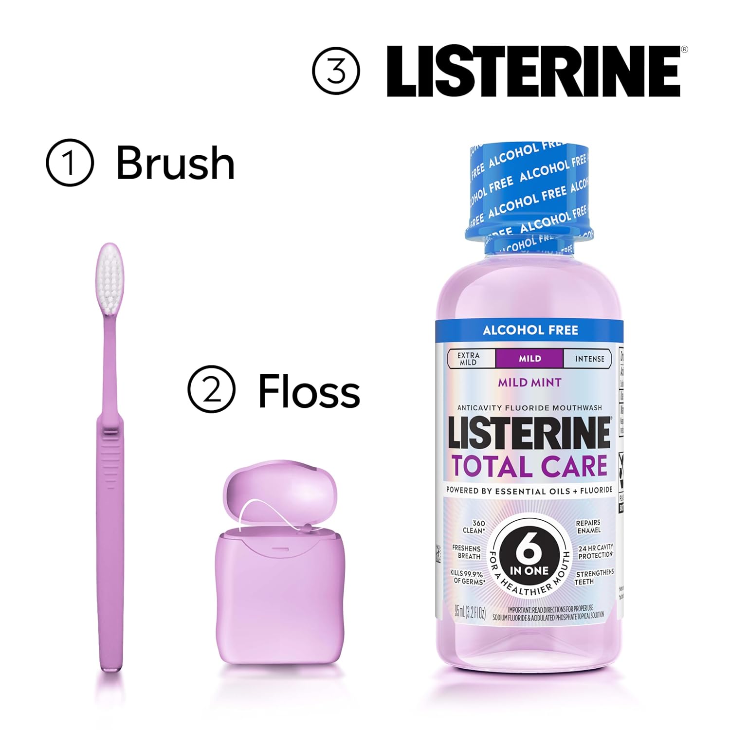Listerine Total Care Alcohol-Free Mild Mouthwash, 6 Benefit Oral Rinse to Help Kill 99.9% of Germs That Cause Bad Breath, Strengthen Enamel, Mild Mint Flavor, 95 mL